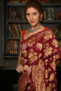 Carmine Red Khaddi Banarasi Georgette Saree banarasi blouse designs