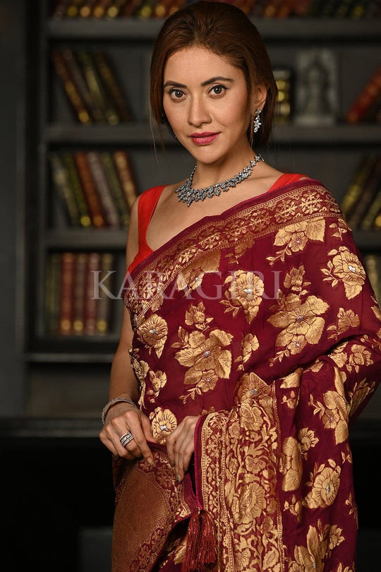 Carmine Red Khaddi Banarasi Georgette Saree banarasi blouse designs