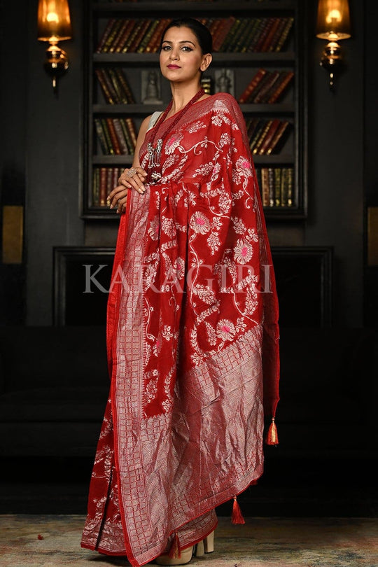 Crimson Red Khaddi Banarasi Goergette Saree georgette saree