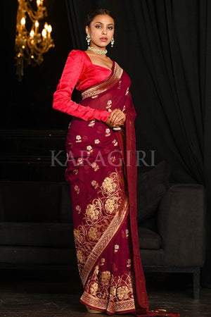 Dark Persian Red Banarasi Khaddi Georgette Saree