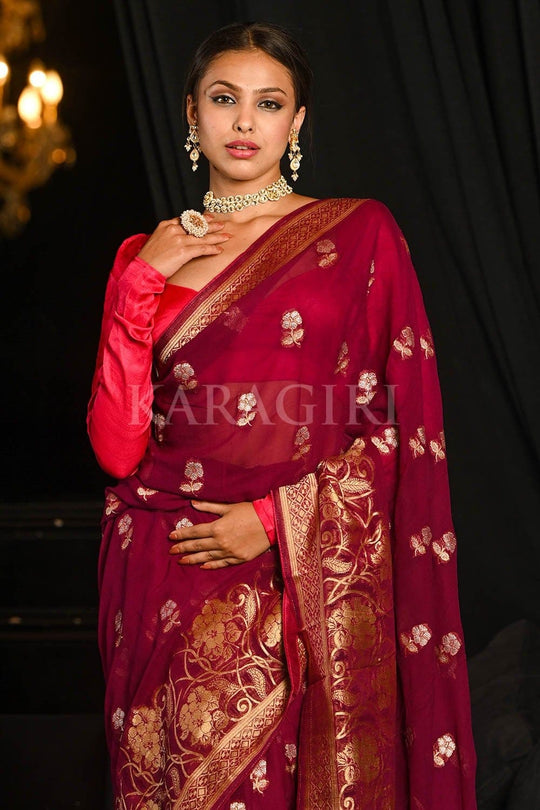Dark Persian Red Banarasi Khaddi Georgette Saree Banarasi Khaddi Georgette Saree Dark Persian Red Banarasi Khaddi Georgette Saree saree online