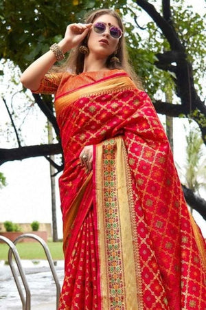 Cherry Red Banarasi Patola Saree