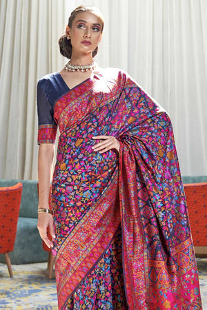 Midnight Blue Pashmina Saree With Blouse Piece