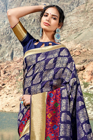 Berry Blue Woven Saree - Woven Fusion Of Banarasi & Raw Silk
