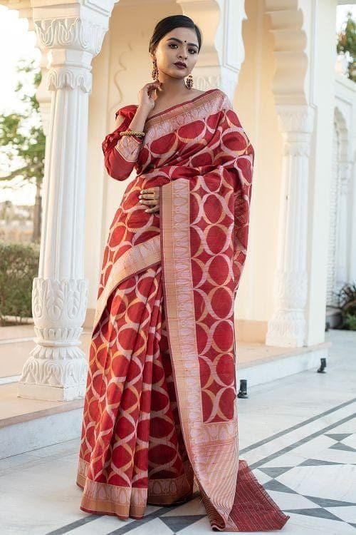 Burgundy Red Banarasi Raw Silk Fusion Saree Burgundy Red Banarasi Raw Silk Fusion Saree