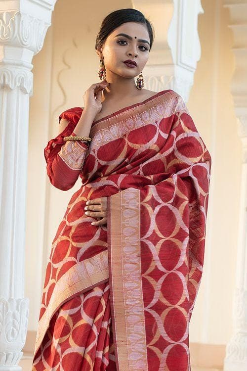 Burgundy Red Banarasi Raw Silk Fusion Saree Burgundy Red Banarasi Raw Silk Fusion Saree