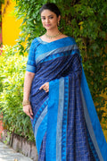 blue checks banarasi saree