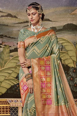 Artichoke Green Zari Woven Banarasi Saree
