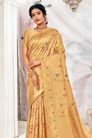 Beige Zari Motif Banarasi Saree