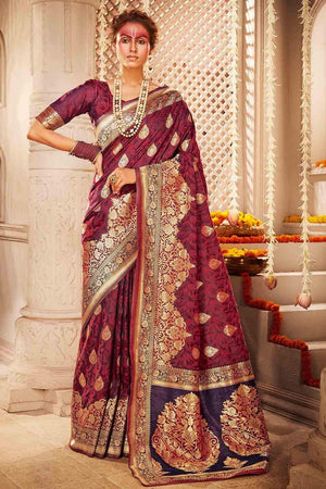 Burgandy Zari Butta Woven Banarasi Saree