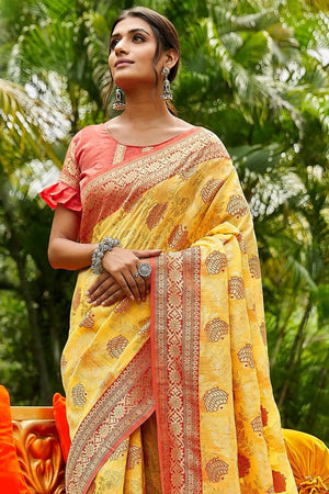 Butter Yellow Designer Banarasi Saree