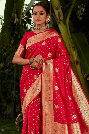 Candy Red Zari Weaved Banarasi Saree