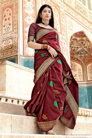 Carmine Maroon Banarasi Saree