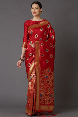 Carmine Red Banarasi Saree
