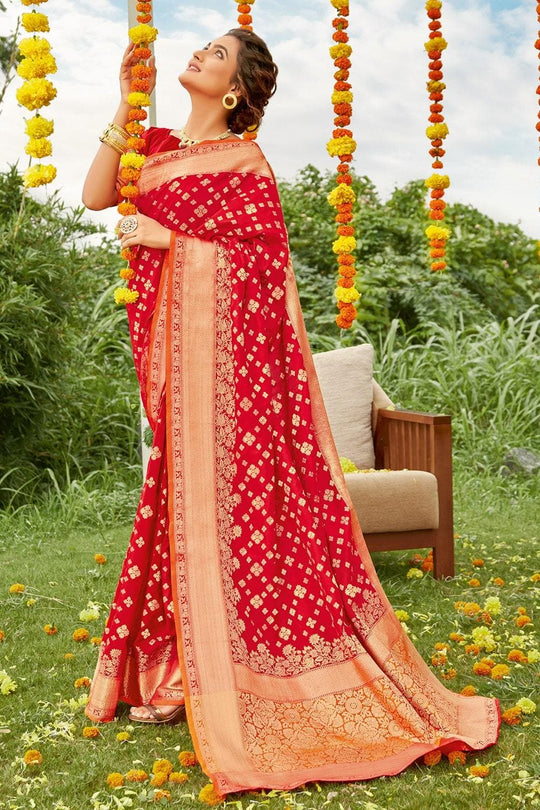 Cherry Red Banarasi Saree Banarasi Saree