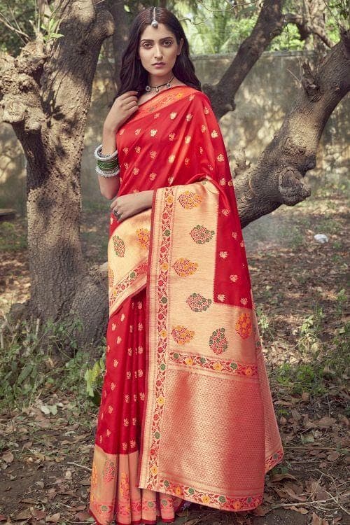 Chilli Red Small Butta Woven Banarasi Saree banarasi saree price