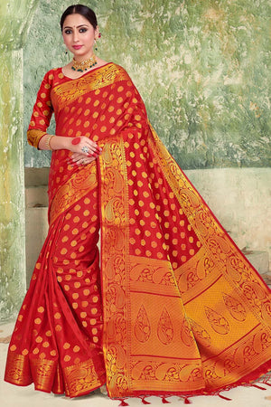 Chilli Red Zari Butta Banarasi Saree
