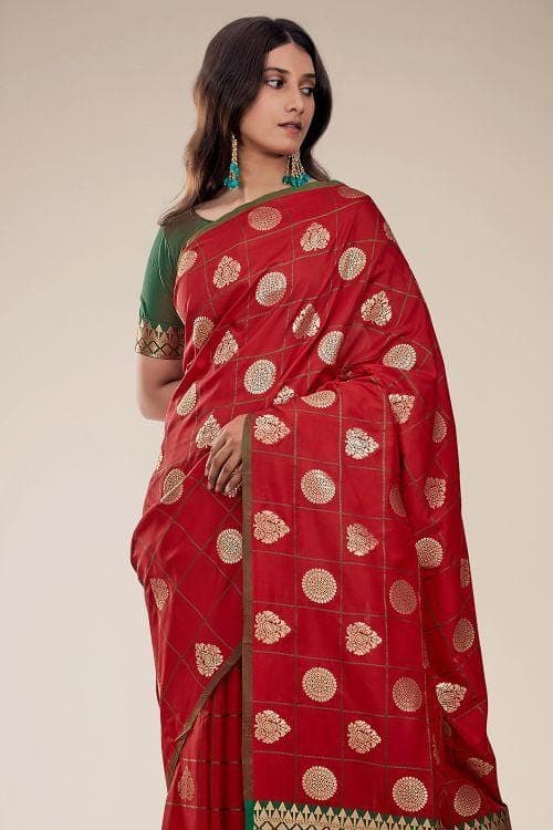 Chilli Red Zari Butta Woven Banarasi Saree red banarasi saree