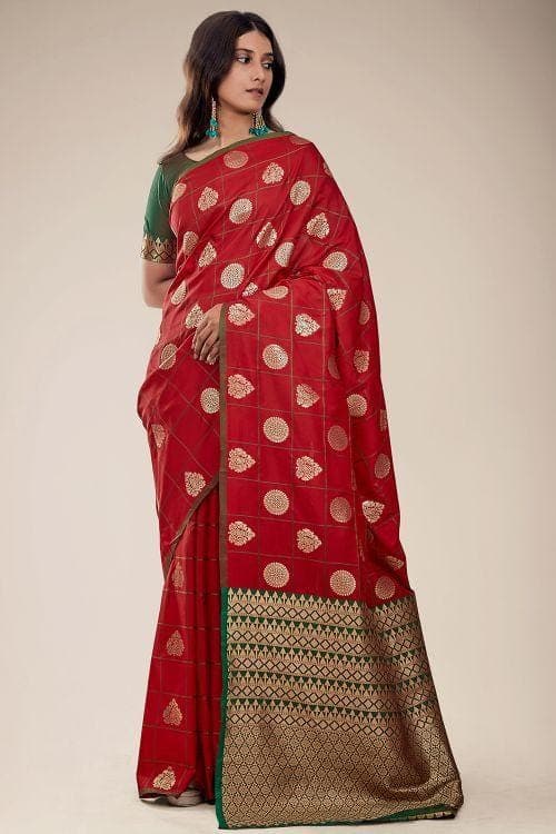 Chilli Red Zari Butta Woven Banarasi Saree wedding red banarasi saree