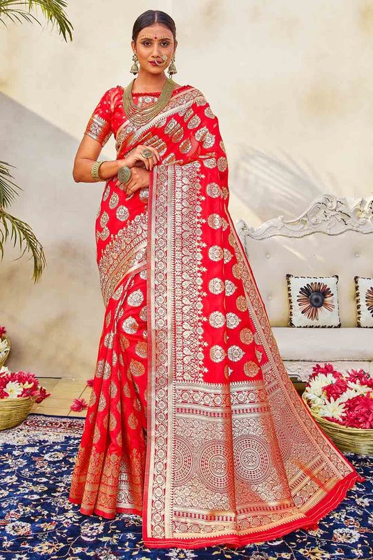 Coral Red Zari Butta Woven Banarasi Saree Banarasi Saree Coral Red Zari Butta Woven Banarasi Saree saree online
