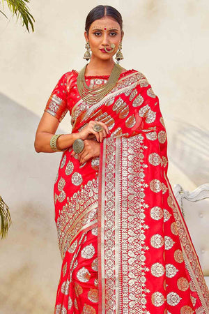 Coral Red Zari Butta Woven Banarasi Saree