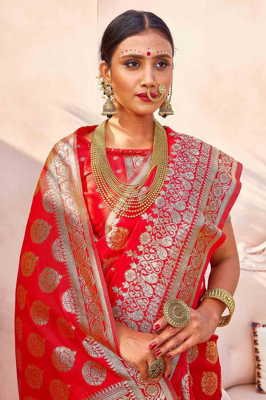 Coral Red Zari Butta Woven Banarasi Saree Banarasi Saree Coral Red Zari Butta Woven Banarasi Saree saree online