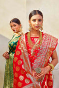 Coral Red Zari Butta Woven Banarasi Saree Banarasi Saree Coral Red Zari Butta Woven Banarasi Saree saree online