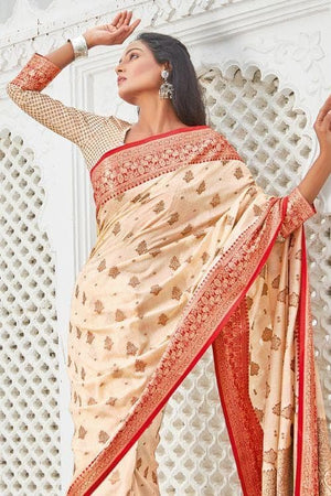 Cream Beige Banarasi Raw Silk Saree