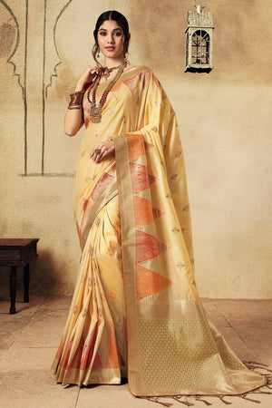 Creamy Yellow Zari Woven Banarasi Saree