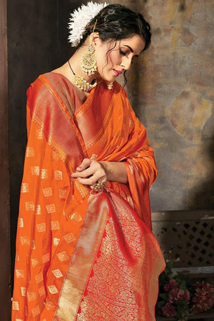 Cremon Orange Banarasi Saree