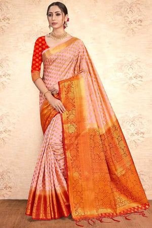 Crepe Pink Zari Butta Banarasi Saree