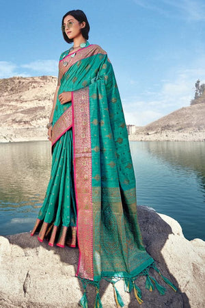 Cyan Blue Banarasi Saree