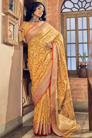 yellow banarasi saree