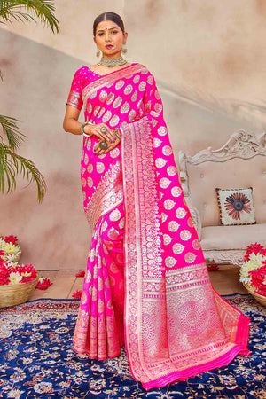 Deep Pink Zari Butta Woven Banarasi Saree