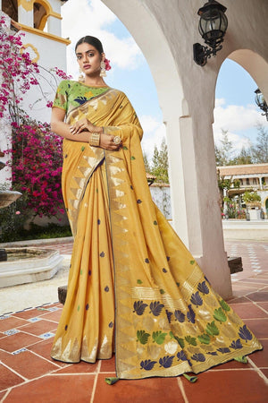 Designer Yellow Zari Woven Cotton Banarasi