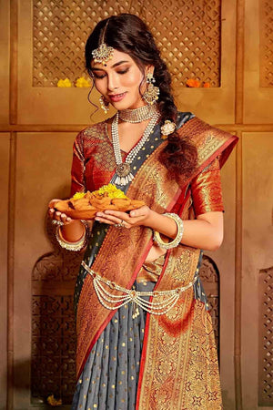 Dove Grey Zari Woven Banarasi Saree