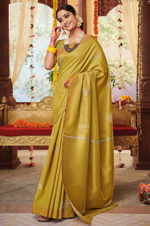 Flaxen Yellow Zari Butta Woven Banarasi Saree
