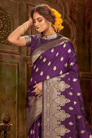 Gam Purple Zari Woven Banarasi Saree