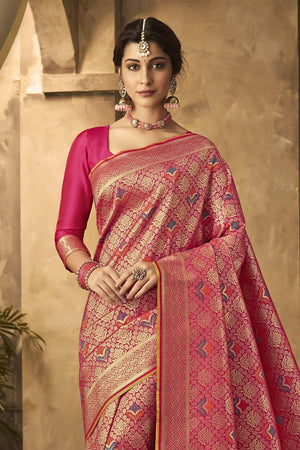Golden Pink Zari Woven Banarasi Saree
