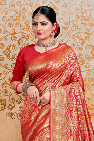 Golden Red Banarasi Saree