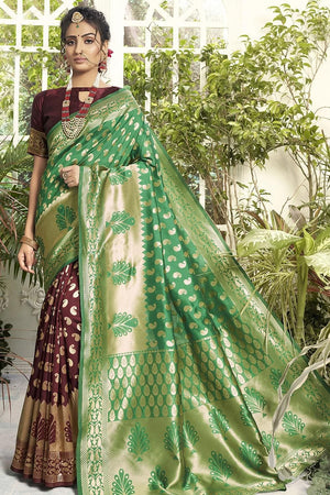 Green And Brown Dual Toned Banarasi Saree