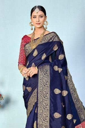 Indigo Blue Zari Butta Woven Banarasi Saree