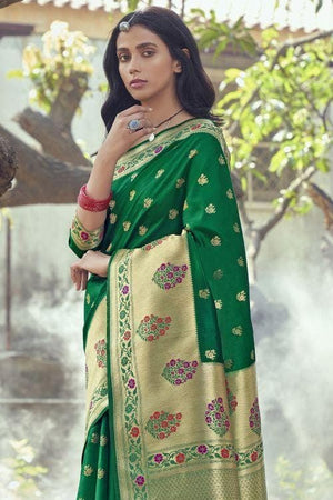 Leaf Green Small Butta Woven Banarasi Saree