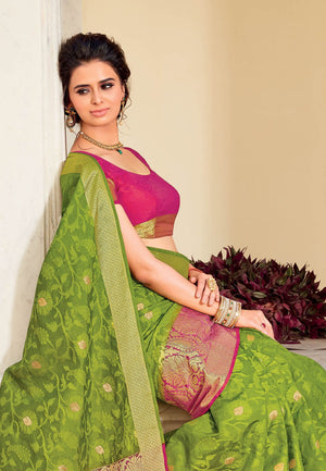 Lime Green Zari Woven Banarasi Saree
