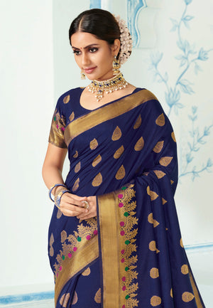 Midnight Blue Zari Woven Banarasi Saree