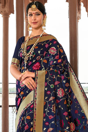 Navy Blue Zari Woven Banarasi Saree