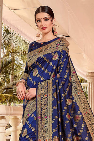 Navy Blue Zari Woven Banarasi Saree