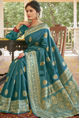 Ocean Blue Flower Border Banarasi Saree