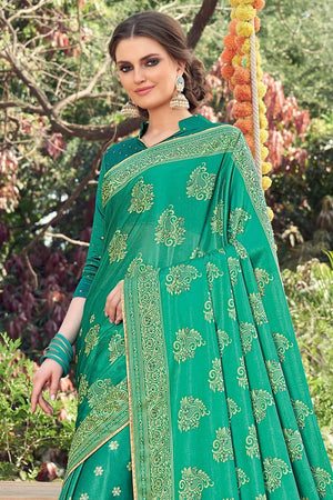 Ocean Green Printed Banarasi
