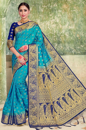 Olympic Blue Zari Butta Banarasi Saree